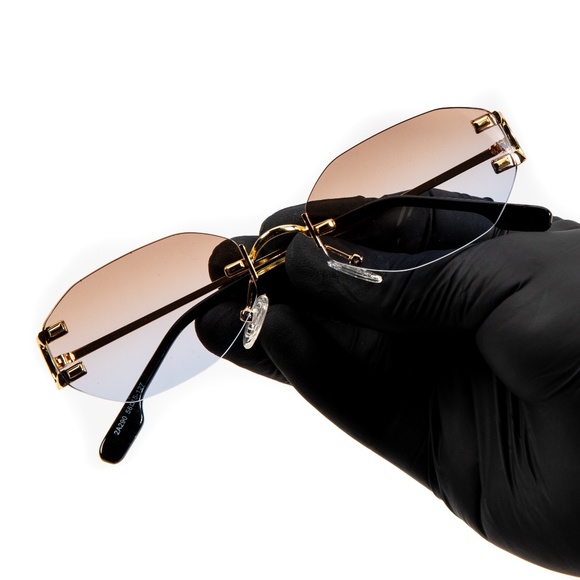 Rimless Tan And Gray Gradient Tint Gold Frame Men's  Luxury Sunglasses - Picture 1 of 5